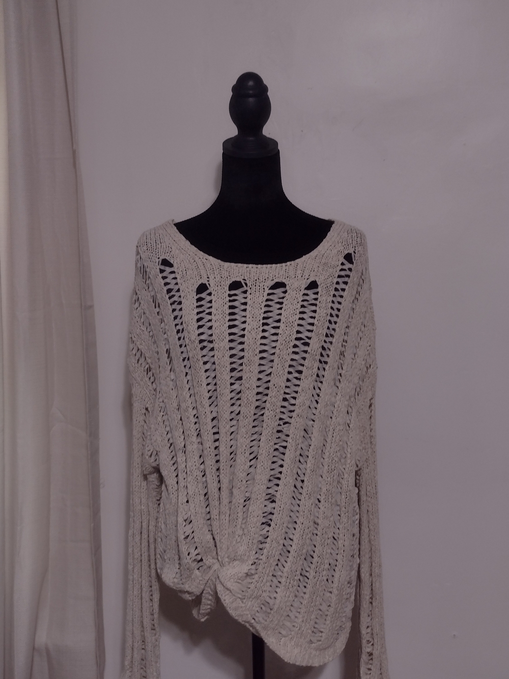 Sweet Wanderer Open-Weave Cream Knit Sweater with Front Tie